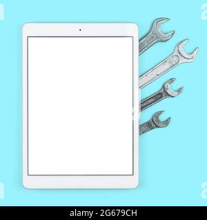 Workshop mockup screen, tablet with blank white screen on bright office table, top view, flat lay and copy space Stock Photo