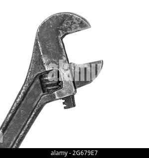 Old grunge adjustable wrench isolated on white background closeup Stock Photo