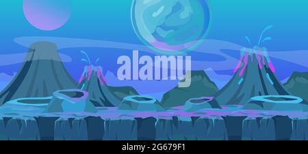 Vector illustration of beautiful alien fantastic landscape. Cool another world background for game design, alien planet in blue colors in flat cartoon Stock Vector