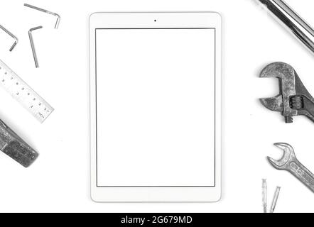 Work tools mockup backround, tablet blank white screen and working tools on white background, top view, flat lay and copy space Stock Photo