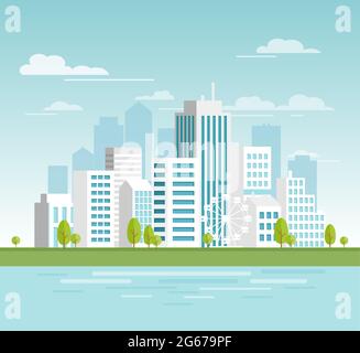 Vector illustration of modern urban cityscape with white skyscrapers, eco city with big modern buildings for your design, banners. City in flat Stock Vector