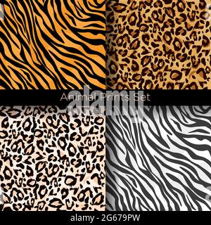 Vector illustration set of four different seamless animal patterns. Safari textile concept. Tiger, zebra, leopard and jaguar skin seamless patterns in Stock Vector