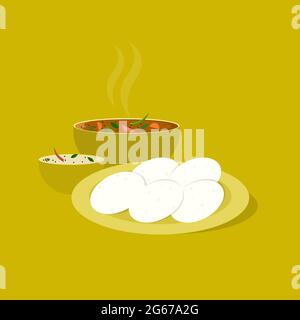 Indian breakfast dish 'Idly with Sambar and Chutney' on banana leaf plate Stock Vector