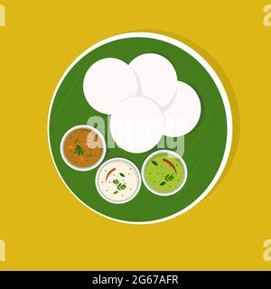 Indian breakfast dish 'Idly with Sambar and Chutney' on banana leaf plate Stock Vector