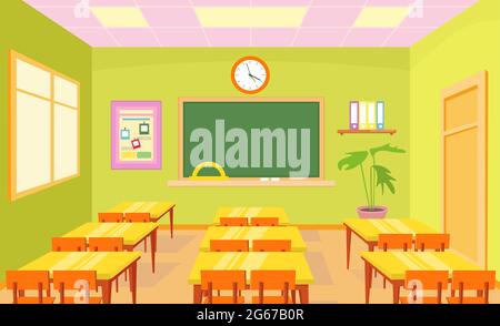 Vector illustration of empty school class room interior in bright pastel colors with board and desks for children in cartoon flat style. Stock Vector