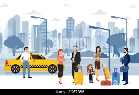 Vector illustration of people waiting taxi on the street. Many passengers are waiting for a taxi in front of the airport, big modern city background Stock Vector