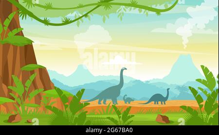 Vector illustration of silhouette of dinosaurs on the Jurassic period landscape with mountains, volcano and tropical plants in flat cartoon style. Stock Vector