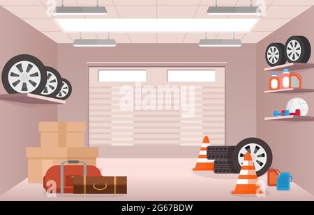 Vector illustration of empty garage interior, with some boxes, tires and bags in flat cartoon style. Stock Vector
