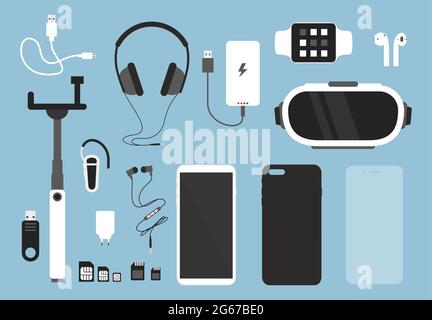 Vector illustration set of smartphone and accessories for it. Phone with case, charger, headphones and protective glass, cover and other things for Stock Vector
