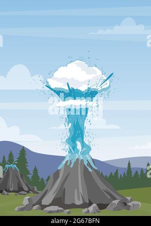 Vector illustration of water geyser and steam erupting from geyser on mountains background. Iceland landscape with geyser in flat cartoon style. Stock Vector