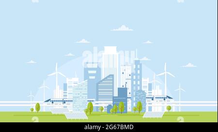 Vector illustration of eco city skyline with buildings, solar panels, wind turbines and high speed trains on light blue sky. Concept of eco living in Stock Vector