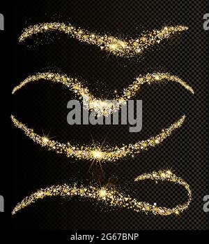 Vector illustration set of gold glitter sparkles wave on dark transparent background. Magic fairy dust. Stock Vector