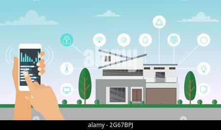 Vector illustration of smart house concept. Home technology system with smartphone control in flat cartoon style. Stock Vector