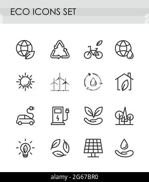 Vector illustration set of line eco icons. Green technologies concept. recycling, alternative energy, electrocar icons collection. environmental Stock Vector