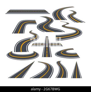 Vector illustration set of bending roads and highways isolated on white background. Stock Vector