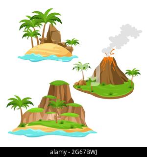 Vector illustration of three different islands on white background in cartoon style. Islands with volcano, palm trees and mountains in bright colors Stock Vector