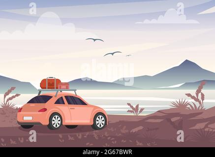 Vector illustration of car with travel bags near lake and mountains. Road trip, vacation concept in flat style. Stock Vector