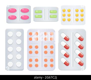 Vector illustration of medicine pills set. Different color and shape pharmaceutical antibiotics drugs, vitamins and pills. Health care concept. Stock Vector