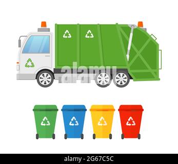 Vector illustration of urban sanitary vehicle garbage loader truck and containers for different types of garbage. Waste collection and transportation Stock Vector