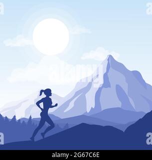 Vector illustration of young woman running in the mountains. Sport, health life concept, girl silhouette going to the top. Woman jogging, flat style. Stock Vector