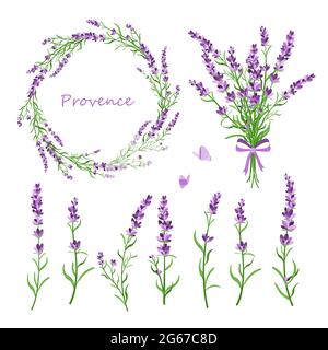 Vector illustration set of lavender flowers, bouquet, wreath and elements of design for greeting card on white background in retro flat style Stock Vector