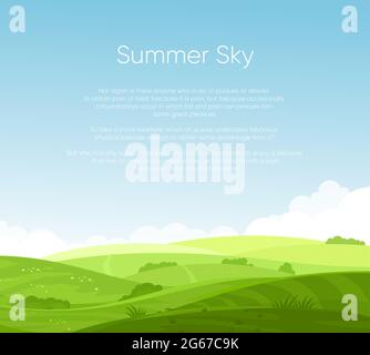 Vector illustration of fields landscape with beautiful dawn, green hills, bright color blue sky with place for your text, background in flat cartoon Stock Vector