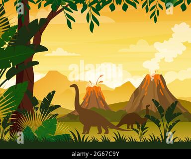 Vector illustration of beautiful prehistoric landscape and dinosaurs. Tropical trees and plants, mountains with volcano in flat cartoon style. Stock Vector