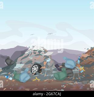 Vector illustration of garbage. landfill full of trash on mountains background. Ecology and recycle, Pollution Environment concept. Stock Vector