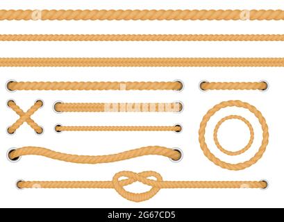Vector illustration set of realistic seamless treads and twisted rope knots isolated on white background. Decorative elements for retro and vintage Stock Vector