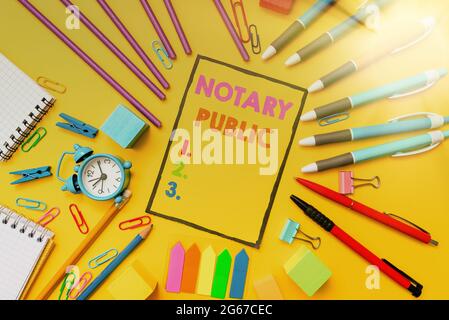 Sign displaying Notary Public. Word for Legality Documentation Authorization Certification Contract Flashy School And Office Supplies Bright Teaching Stock Photo