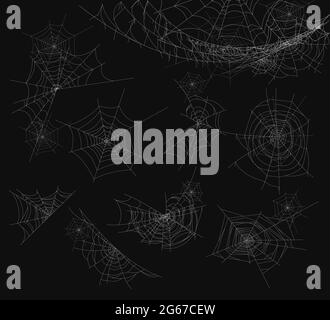 Vector illustration of spider web isolated on black background. Cobweb set. Stock Vector