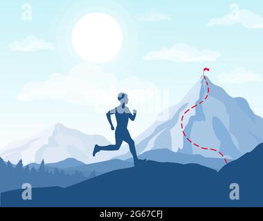Vector illustration of running man in mountains, going to the top with the flag, business conception, achievement of the goal. Stock Vector