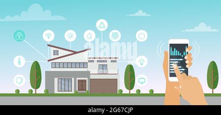 Vector illustration of Smart house, smart home app with control system at your phone in hands, beautiful modern house on the background in flat style. Stock Vector