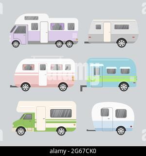 Vector illustration set of camping trailers. Concept of travel mobile home isolated on light grey background in flat cartoon style and pastel colors.
