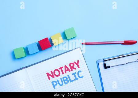 Conceptual caption Notary Public. Word for Legality Documentation Authorization Certification Contract Stack of Sample Cube Rectangular Boxes On Stock Photo