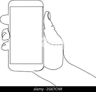Single line drawing of holding a mobile in Hand - Vector line art Stock Vector
