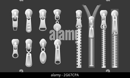 Vector illustration set of metal and silver color fasteners, zippers. Collection of garment components and handbag accessories on dark background. Stock Vector