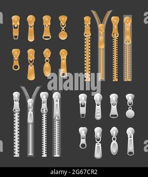 Vector illustration set of gold color and silver metallic zippers. Closed and open pullers collection on black background. Stock Vector