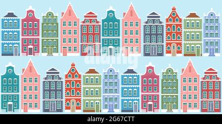 Vector illustration of netherlands style houses seamless pattern. Cute colorful vintage houses in two lines on blue background in flat cartoon style. Stock Vector