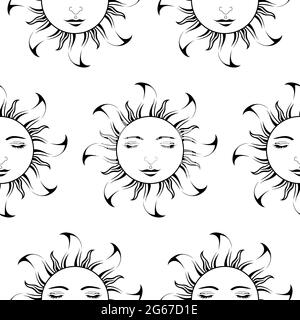 Lord Sun with closing Eyes - Scroll saw, Intarsia, T Shirt design, Wall sticker, Tattoo or Embossing art is in Seamless Pattern Stock Vector