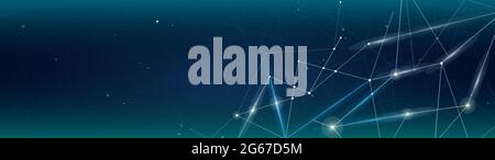 Vector illustration of smooth dark blue background with connecting lighting dots and lines. panoramic background for web banner. Stock Vector
