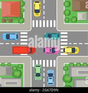 Vector illustration of street crossing in city. street top view with cars and roads, houses and trees. Crossroad concept in flat cartoon style. Stock Vector