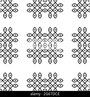 Indian Traditional and Cultural Rangoli or Kolam design concept of curved lines and dots isolated on white background is in Seamless pattern Stock Vector