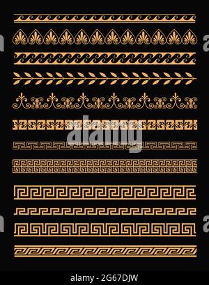 Vector illustration set of antique greek borders and seamless ornaments in golden color on black background in flat style. Greece concept elements. Stock Vector