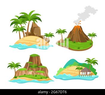 Vector illustration set of different scenes of tropical islands with palm trees and mountains, volcano isolated on white background in flat cartoon Stock Vector