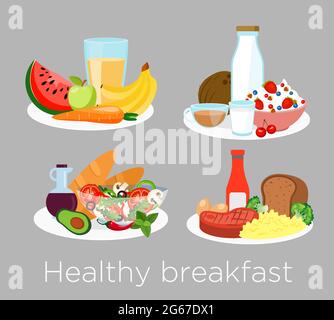 Vector illustration set of different types of healthy breakfast food in cartoon style. Lunch coffee, porridge,orange and morning nutrition, delicious Stock Vector