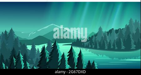 Vector illustration of beautiful view with forest, mountains, lake and Aurora blue sky with a lot of star, northern lights. Travel concept, exploring Stock Vector