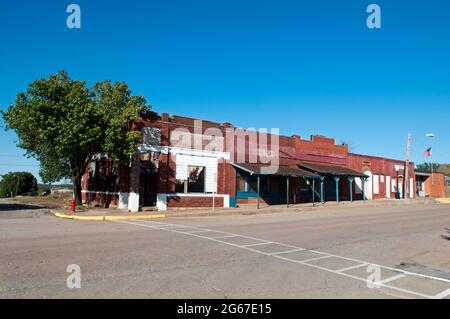 Historic storefronts line Main Street in the Route 66 town of Depew, Oklahoma. Stock Photo