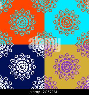 Colorful Mandala design concept of Circles, lamps, flower petals with Lush Lava, Aqua Menthe, Phantom Blue and Gold Backgrounds is in Seamless pattern Stock Vector
