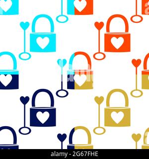 Heart symbol Love lock and key in gold, Lush lava, Aqua Menthe and Phantom Blue colour with white background is in Seamless pattern Stock Vector